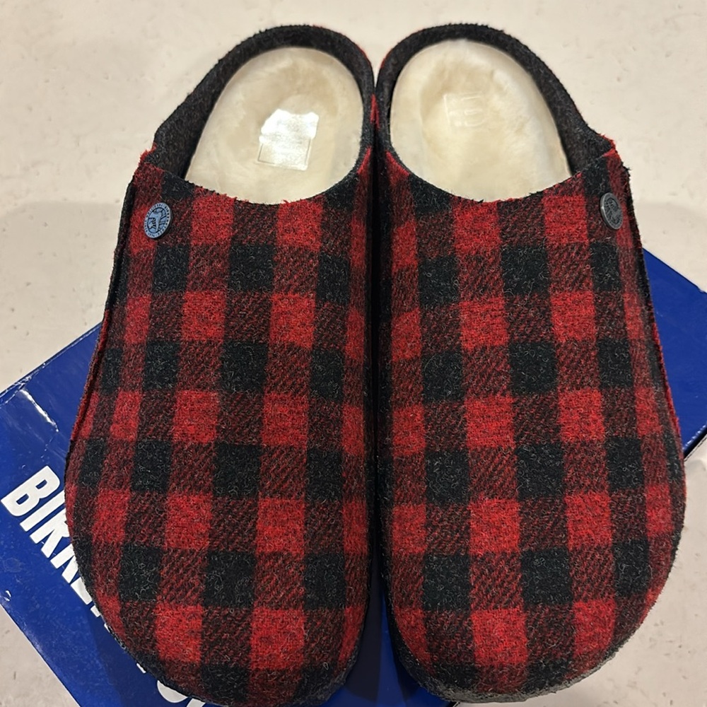 NWB Birkenstock Men’s Zermatt Rivet Red Plaid Shearling Lined Slipper -US11 (44)